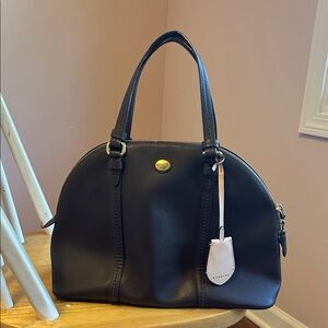 Coach Peyton Cora Black Leather Dome Satchel with Leather Tag in Brown